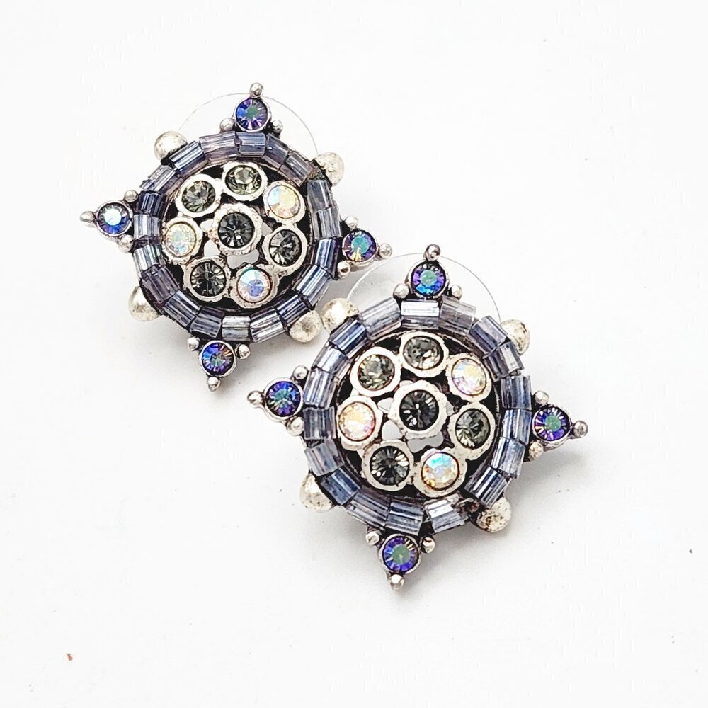 Anne Klein Micro Mosaic Beaded Grey & Silver Crystal Round Burst Stud Earrings